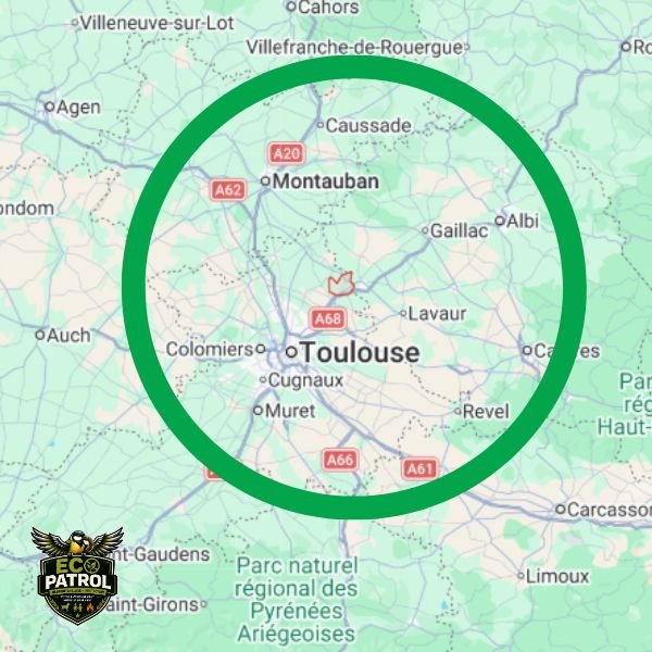 Carte de la zone d’intervention ECO PATROL autour de Toulouse, Buzet-sur-Tarn, Albi et Montauban